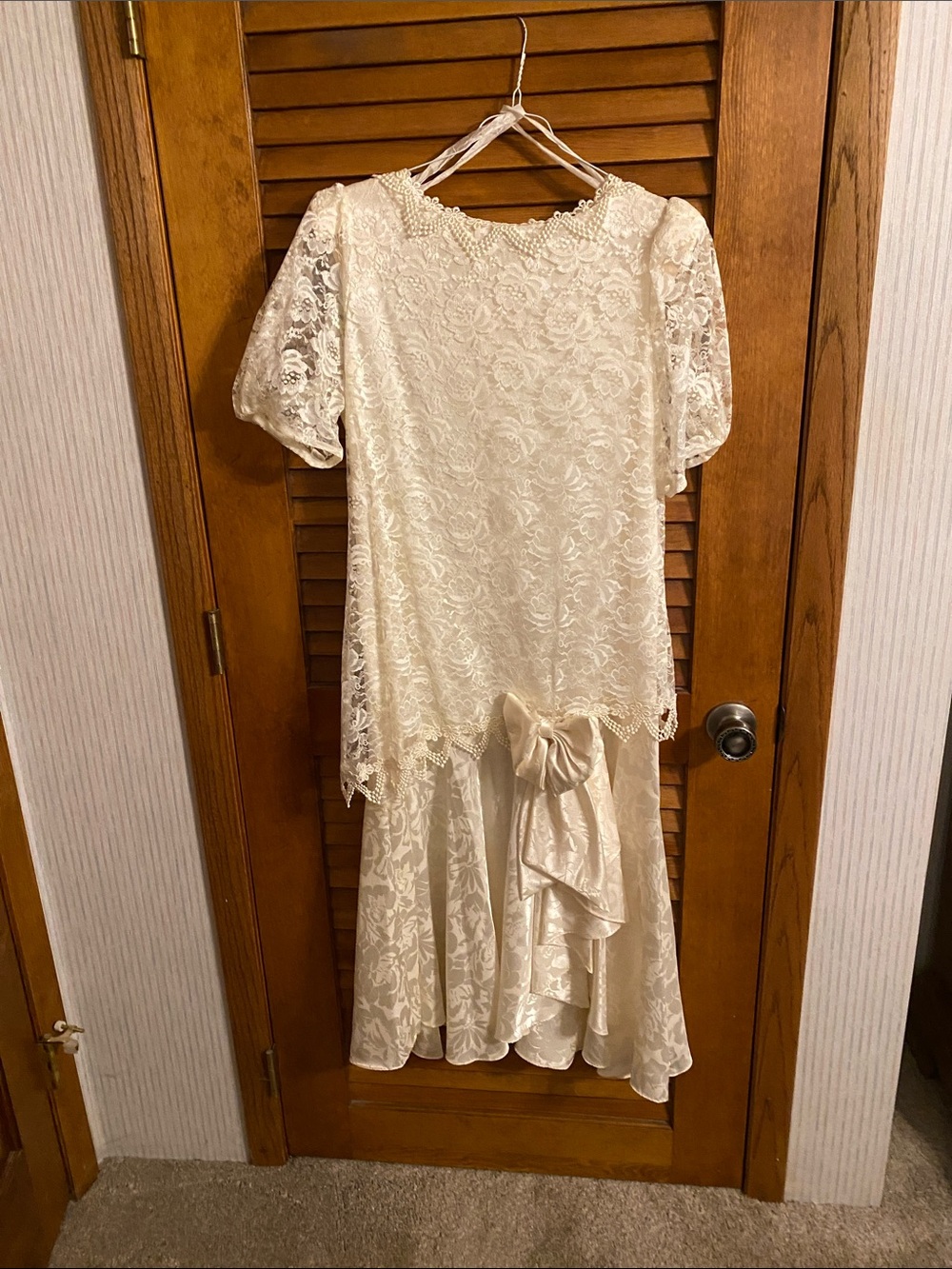 Vintage 80’s Drop Waist Cream Lace Party Dress with Bow Accent